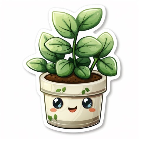 Cute Kawaii Stickers Tiny Houseplant with Leafy Hairdo in Decorated Pot on White Background (40)