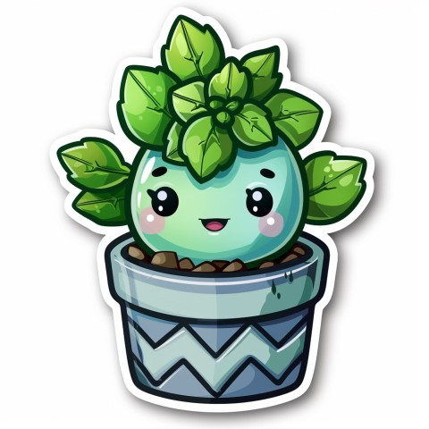 Cute Kawaii Stickers Tiny Houseplant with Leafy Hairdo in Decorated Pot on White Background (38)