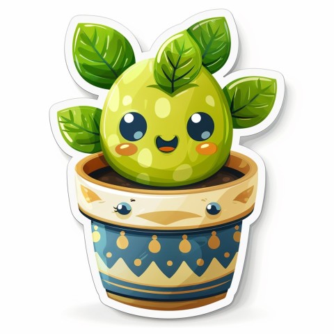 Cute Kawaii Stickers Tiny Houseplant with Leafy Hairdo in Decorated Pot on White Background (22)