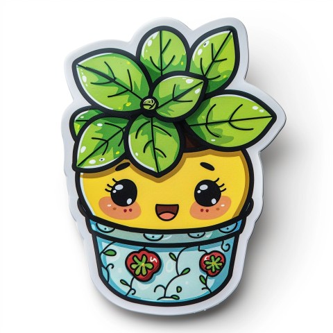 Cute Kawaii Stickers Tiny Houseplant with Leafy Hairdo in Decorated Pot on White Background (31)