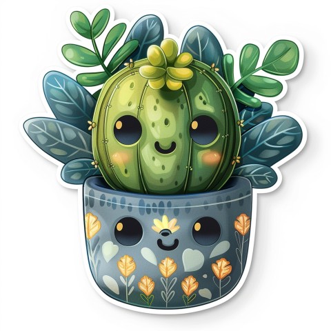 Cute Kawaii Stickers Tiny Houseplant with Leafy Hairdo in Decorated Pot on White Background (33)