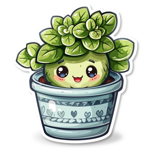 Cute Kawaii Stickers Tiny Houseplant with Leafy Hairdo in Decorated Pot on White Background (35)