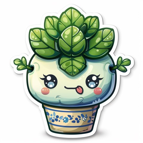 Cute Kawaii Stickers Tiny Houseplant with Leafy Hairdo in Decorated Pot on White Background (29)