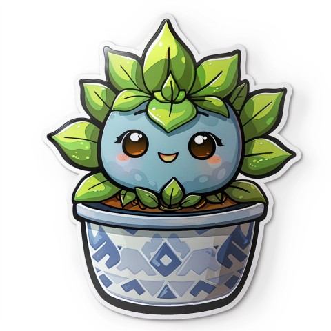 Cute Kawaii Stickers Tiny Houseplant with Leafy Hairdo in Decorated Pot on White Background (24)