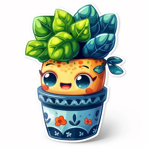 Cute Kawaii Stickers Tiny Houseplant with Leafy Hairdo in Decorated Pot on White Background (21)