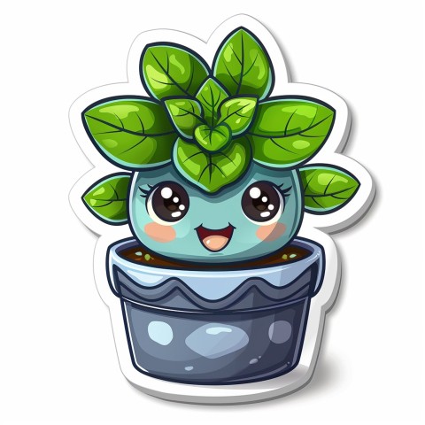 Cute Kawaii Stickers Tiny Houseplant with Leafy Hairdo in Decorated Pot on White Background (43)