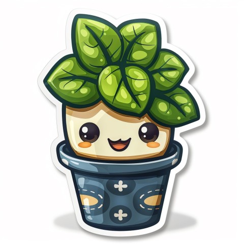 Cute Kawaii Stickers Tiny Houseplant with Leafy Hairdo in Decorated Pot on White Background (53)