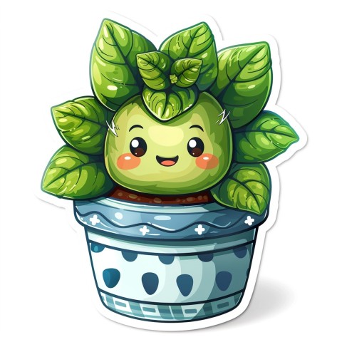 Cute Kawaii Stickers Tiny Houseplant with Leafy Hairdo in Decorated Pot on White Background (41)