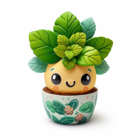 Cute Kawaii Stickers Tiny Houseplant with Leafy Hairdo in Decorated Pot on White Background (54)