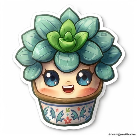 Cute Kawaii Stickers Tiny Houseplant with Leafy Hairdo in Decorated Pot on White Background (50)