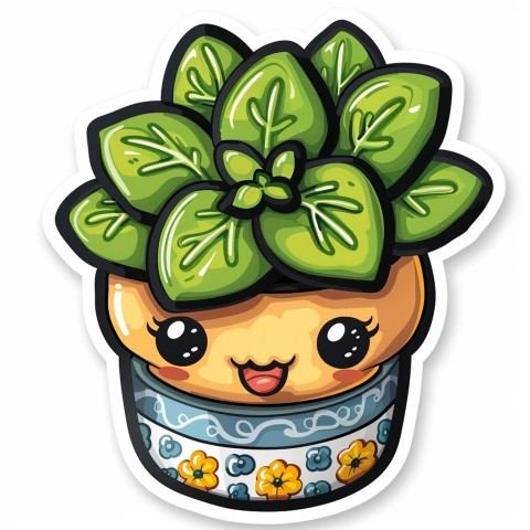 Cute Kawaii Stickers Tiny Houseplant with Leafy Hairdo in Decorated Pot on White Background (58)