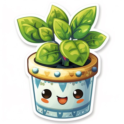 Cute Kawaii Stickers Tiny Houseplant with Leafy Hairdo in Decorated Pot on White Background (57)