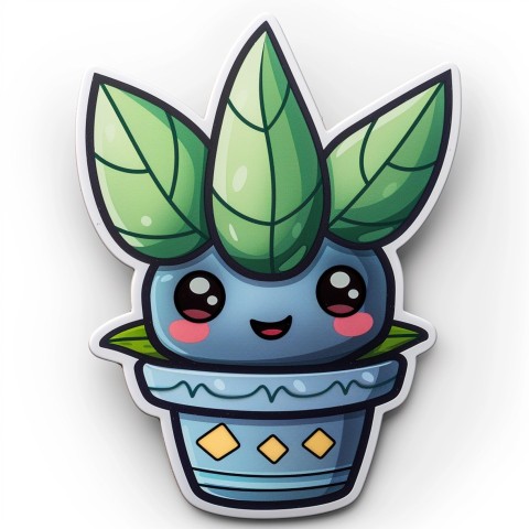 Cute Kawaii Stickers Tiny Houseplant with Leafy Hairdo in Decorated Pot on White Background (44)