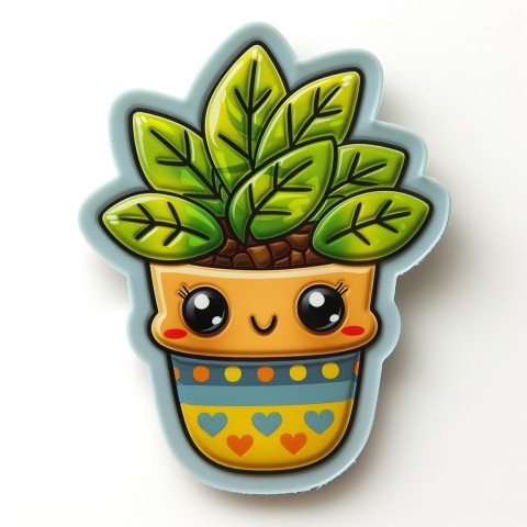 Cute Kawaii Stickers Tiny Houseplant with Leafy Hairdo in Decorated Pot on White Background (42)