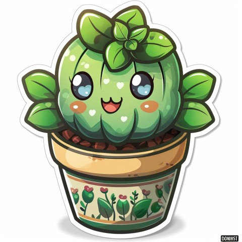 Cute Kawaii Stickers Tiny Houseplant with Leafy Hairdo in Decorated Pot on White Background (52)