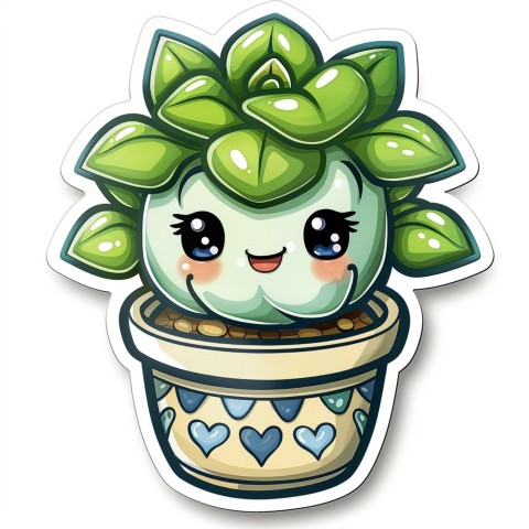 Cute Kawaii Stickers Tiny Houseplant with Leafy Hairdo in Decorated Pot on White Background (49)