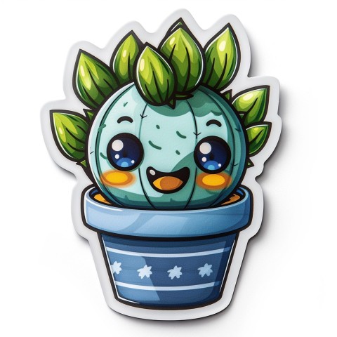 Cute Kawaii Stickers Tiny Houseplant with Leafy Hairdo in Decorated Pot on White Background (55)