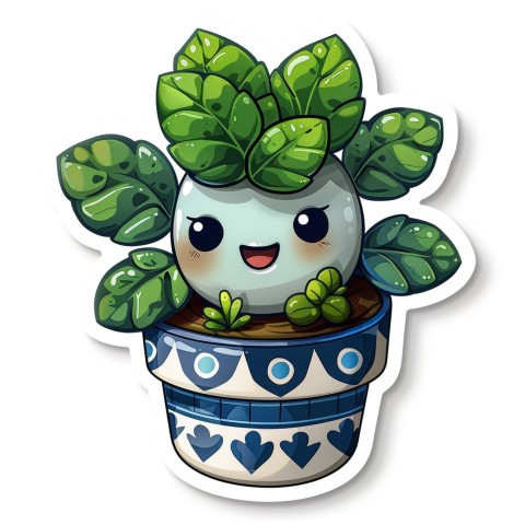 Cute Kawaii Stickers Tiny Houseplant with Leafy Hairdo in Decorated Pot on White Background (59)