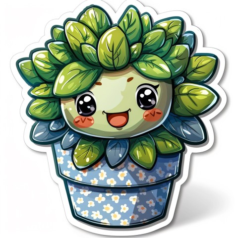 Cute Kawaii Stickers Tiny Houseplant with Leafy Hairdo in Decorated Pot on White Background (56)