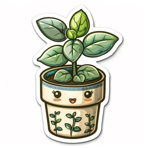 Cute Kawaii Stickers Tiny Houseplant with Leafy Hairdo in Decorated Pot on White Background (63)