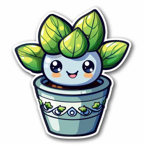 Cute Kawaii Stickers Tiny Houseplant with Leafy Hairdo in Decorated Pot on White Background (71)