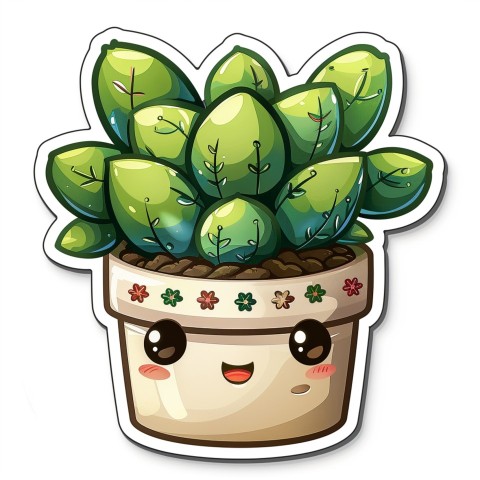 Cute Kawaii Stickers Tiny Houseplant with Leafy Hairdo in Decorated Pot on White Background (64)