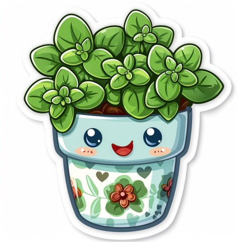 Cute Kawaii Stickers Tiny Houseplant with Leafy Hairdo in Decorated Pot on White Background (78)