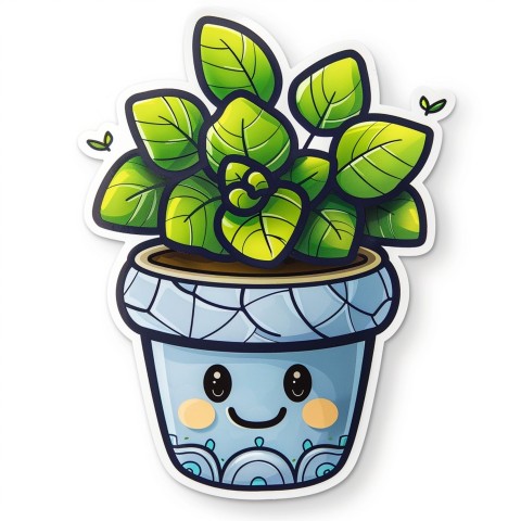 Cute Kawaii Stickers Tiny Houseplant with Leafy Hairdo in Decorated Pot on White Background (66)