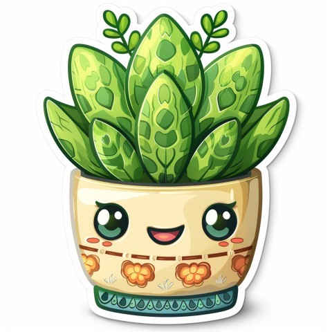 Cute Kawaii Stickers Tiny Houseplant with Leafy Hairdo in Decorated Pot on White Background (62)