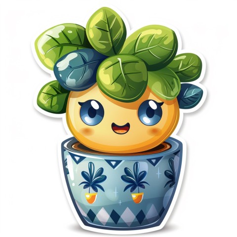 Cute Kawaii Stickers Tiny Houseplant with Leafy Hairdo in Decorated Pot on White Background (72)