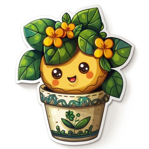 Cute Kawaii Stickers Tiny Houseplant with Leafy Hairdo in Decorated Pot on White Background (69)