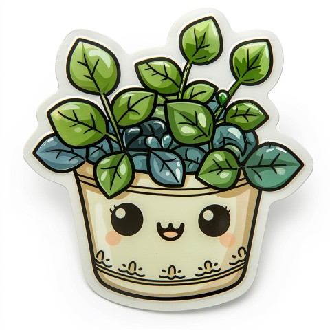 Cute Kawaii Stickers Tiny Houseplant with Leafy Hairdo in Decorated Pot on White Background (80)