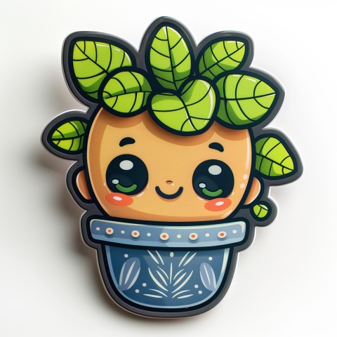 Cute Kawaii Stickers Tiny Houseplant with Leafy Hairdo in Decorated Pot on White Background (70)