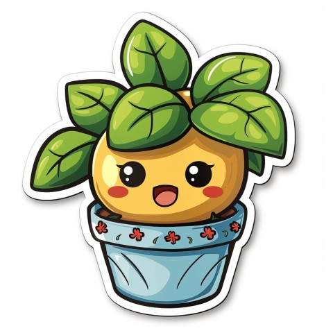 Cute Kawaii Stickers Tiny Houseplant with Leafy Hairdo in Decorated Pot on White Background (103)