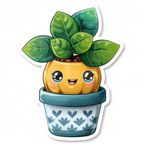 Cute Kawaii Stickers Tiny Houseplant with Leafy Hairdo in Decorated Pot on White Background (99)