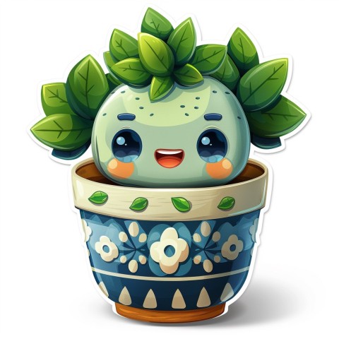 Cute Kawaii Stickers Tiny Houseplant with Leafy Hairdo in Decorated Pot on White Background (106)