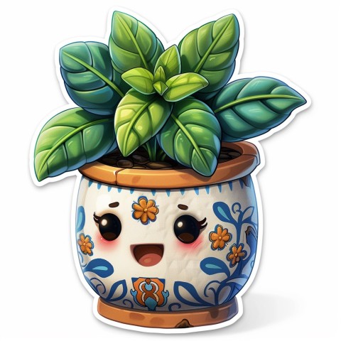 Cute Kawaii Stickers Tiny Houseplant with Leafy Hairdo in Decorated Pot on White Background (82)