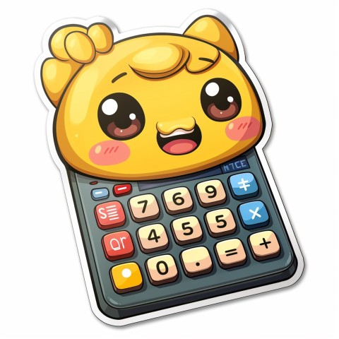 Cute Kawaii Stickers Adorable Calculator with Big Buttons and Grinning Display on White Background (11)