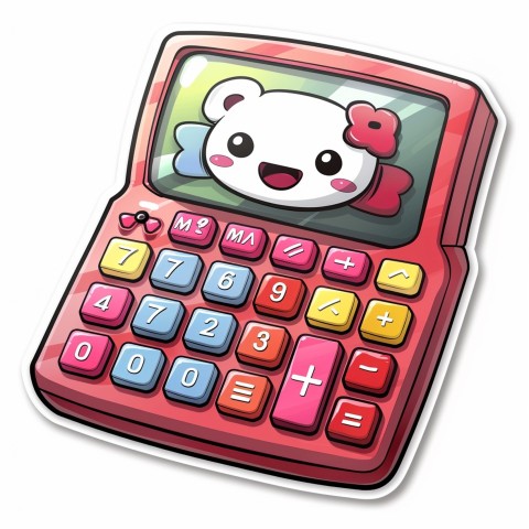 Cute Kawaii Stickers Adorable Calculator with Big Buttons and Grinning Display on White Background (13)