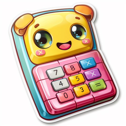 Cute Kawaii Stickers Adorable Calculator with Big Buttons and Grinning Display on White Background (16)