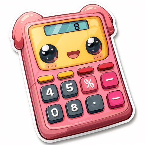 Cute Kawaii Stickers Adorable Calculator with Big Buttons and Grinning Display on White Background (4)