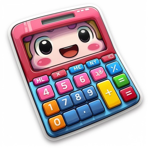 Cute Kawaii Stickers Adorable Calculator with Big Buttons and Grinning Display on White Background (10)