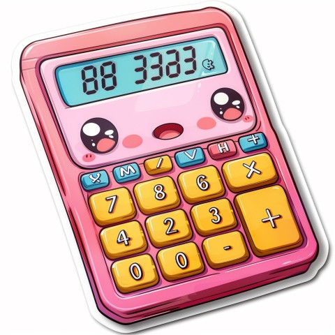 Cute Kawaii Stickers Adorable Calculator with Big Buttons and Grinning Display on White Background (6)