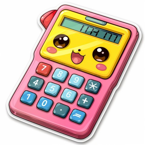 Cute Kawaii Stickers Adorable Calculator with Big Buttons and Grinning Display on White Background (29)