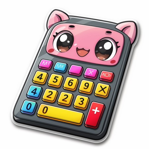 Cute Kawaii Stickers Adorable Calculator with Big Buttons and Grinning Display on White Background (33)