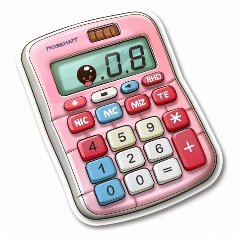 Cute Kawaii Stickers Adorable Calculator with Big Buttons and Grinning Display on White Background (37)