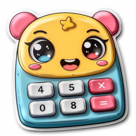 Cute Kawaii Stickers Adorable Calculator with Big Buttons and Grinning Display on White Background (38)