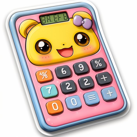 Cute Kawaii Stickers Adorable Calculator with Big Buttons and Grinning Display on White Background (28)