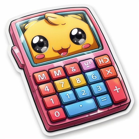 Cute Kawaii Stickers Adorable Calculator with Big Buttons and Grinning Display on White Background (32)