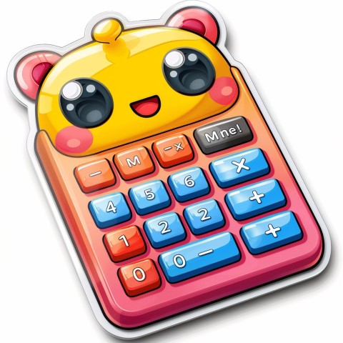 Cute Kawaii Stickers Adorable Calculator with Big Buttons and Grinning Display on White Background (26)